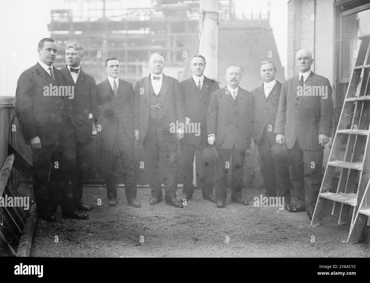 Outlaw League executives: left to right, Marshall Henderson, co-owner Pittsburgh; William T. Murphy, owner Cleveland; Ambrose Hussey Jr., co-owner, Brooklyn; William A. Witman, first league president and owner, Reading; Ernest C. Landgraf, co-owner, Richmond; John J. Ryan, co-owner Cincinnati; Hugh Mckinnon, co-owner, Cincinnati; Ambrose Hussey Sr., co-owner Brooklyn (baseball), 1912., Baseball, Glass negatives, 1 negative: glass; 5 x 7 in. or smaller. Stock Photo