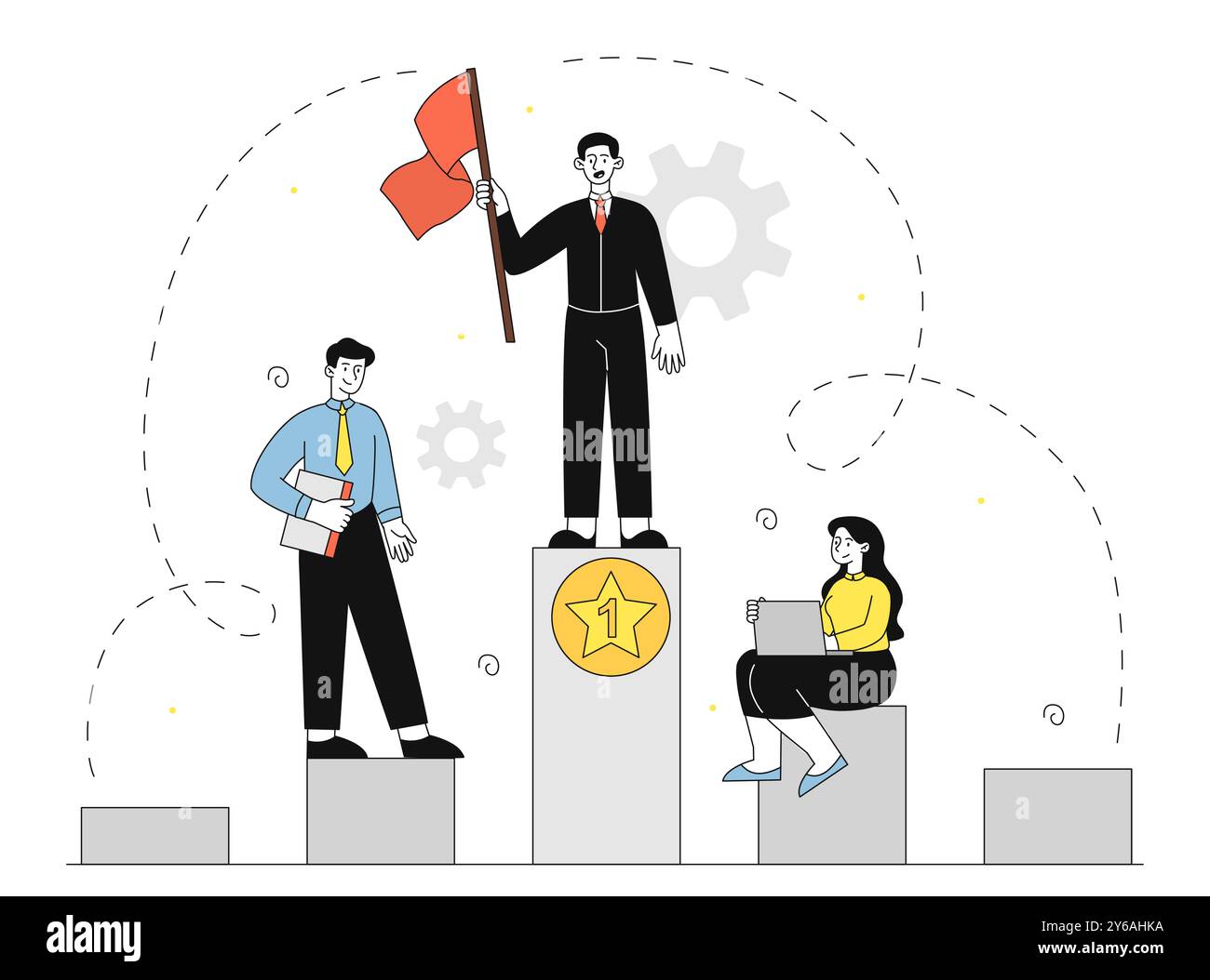 Business leader concept. Businessman with red flag at top stair. Career ...