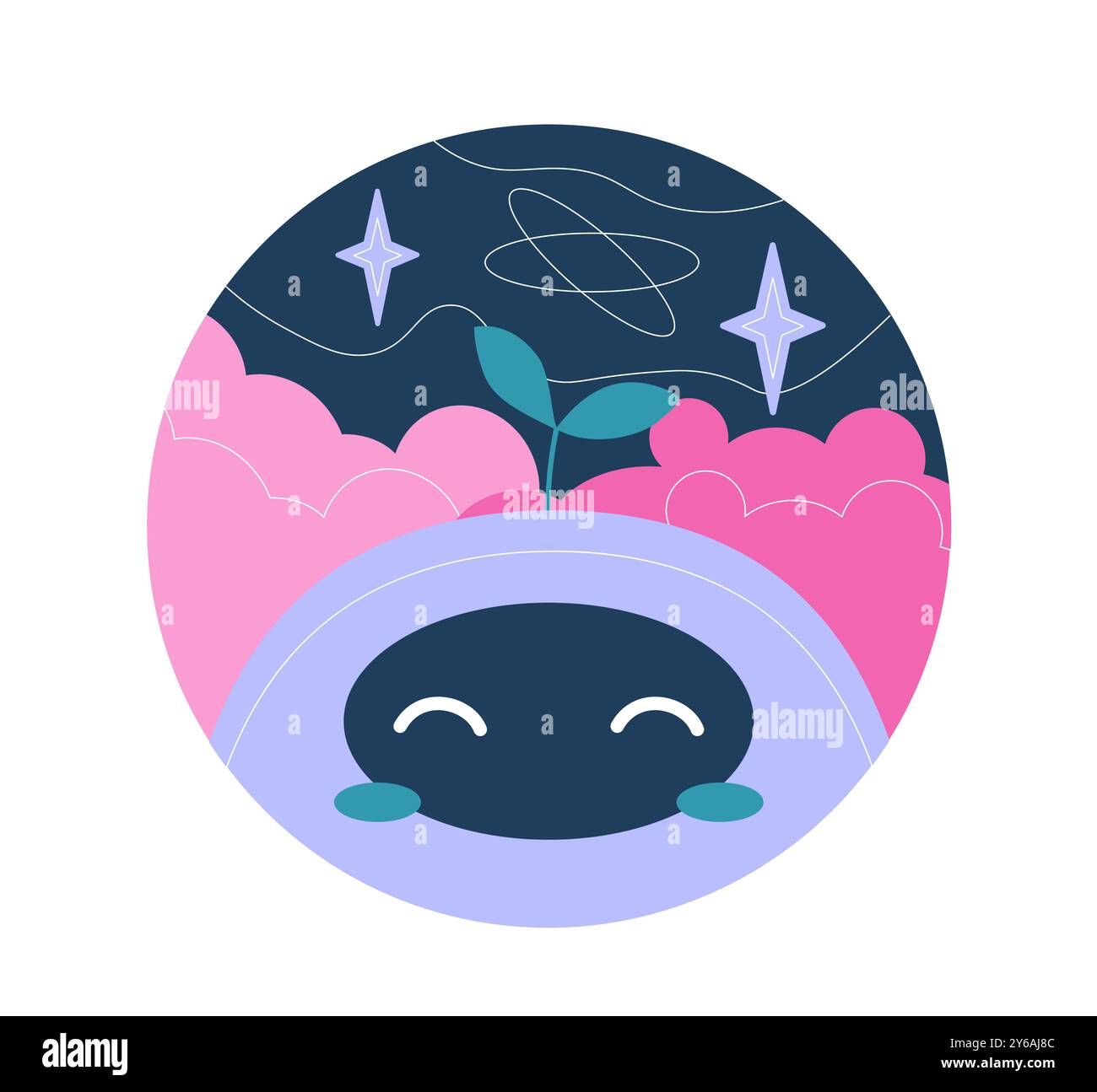 Science fiction sticker. Cute happy robot. Space and cosmos, galaxy and ...