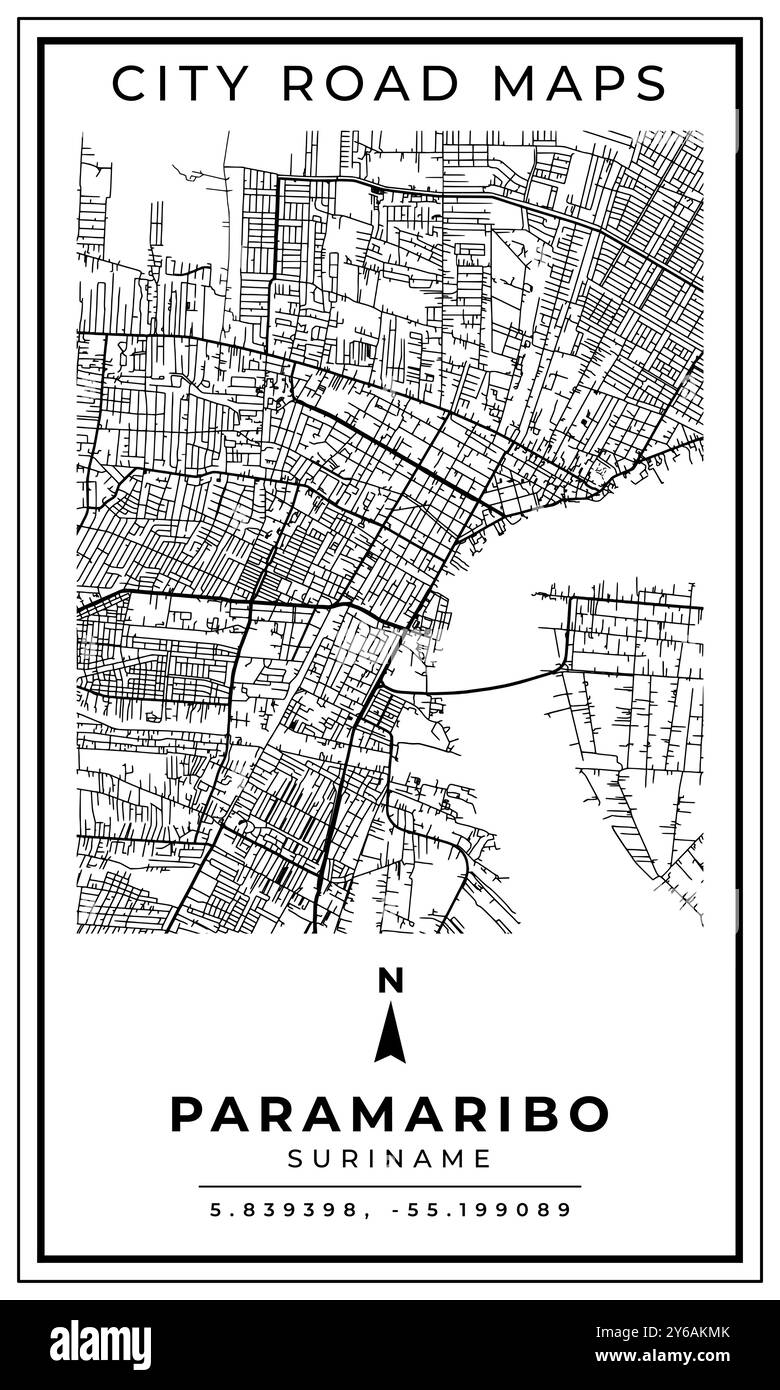 Monochrome Line Art Street Map of Paramaribo City of Suriname ...