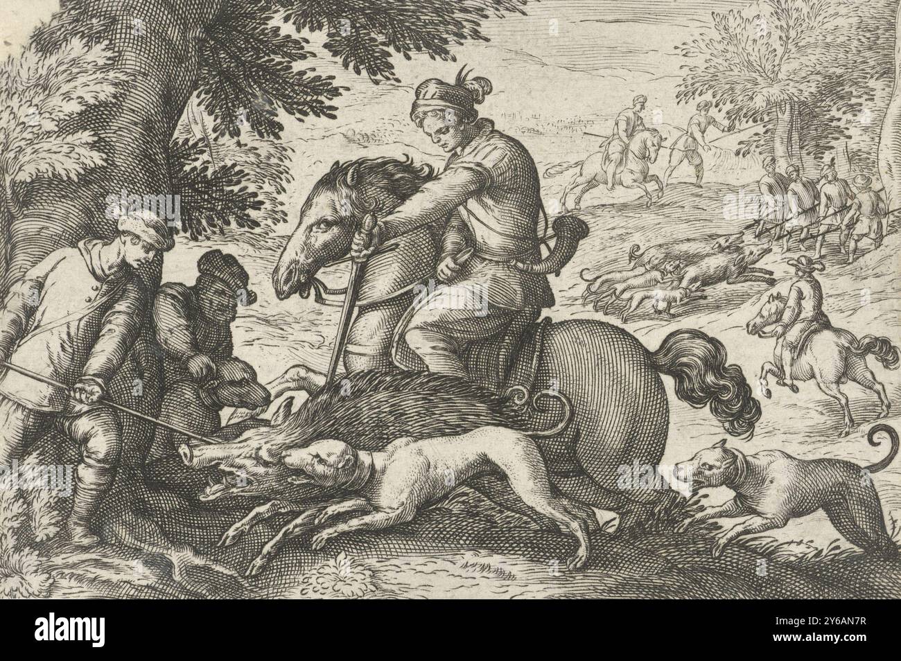 Hilly landscape with wild boar hunting, Hunting scenes (series title ...