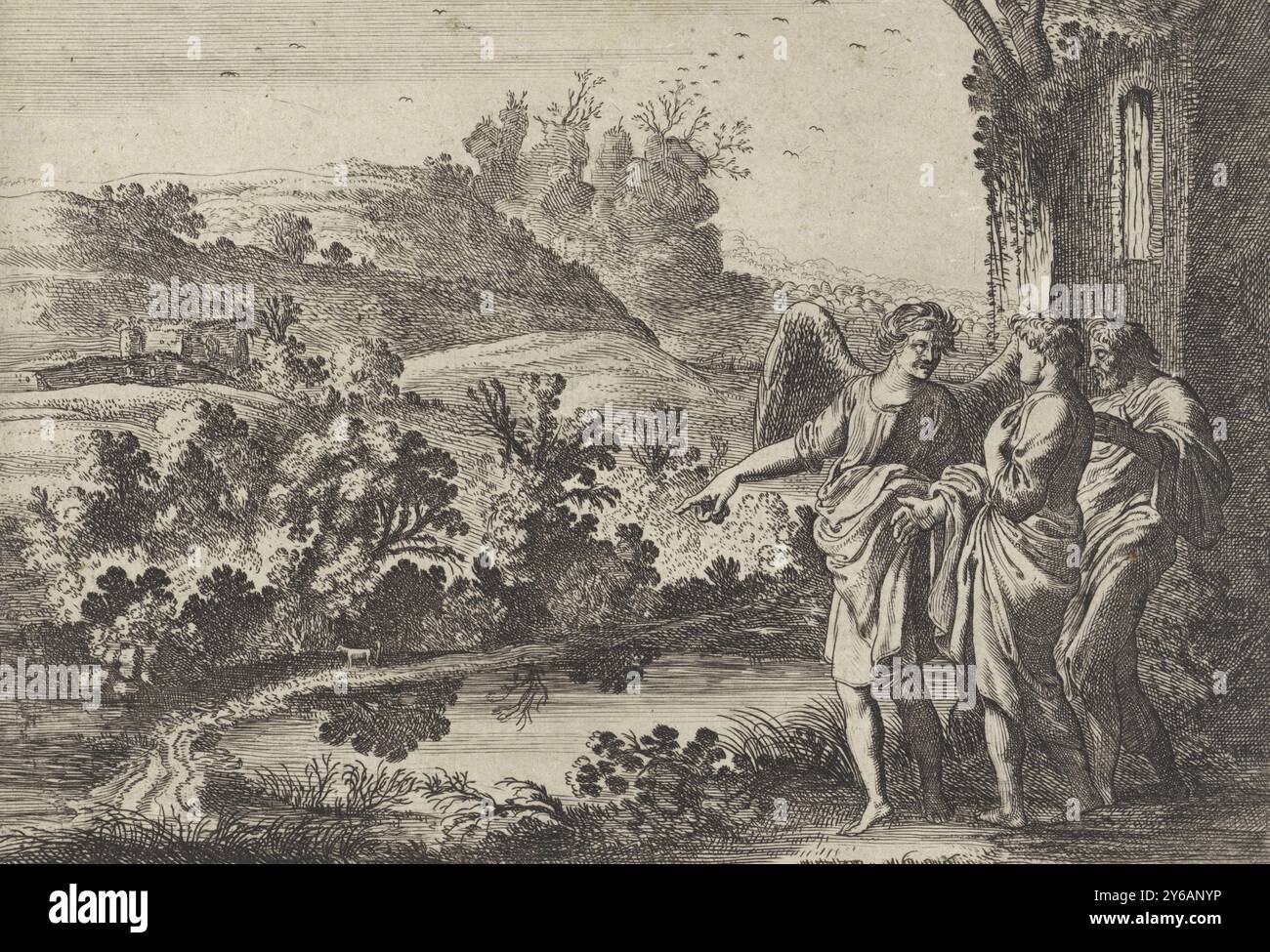 Tobias, Tobit and the angel, The story of Tobias (series title), In a hilly landscape stands Tobit who entrusts his son Tobias to the angel. Numbered as 1., print, print maker: Moyses van Wtenbrouck, (mentioned on object), publisher: Hendrick Hondius (I), (mentioned on object), The Hague, 1620 and, or 1646, paper, etching, height, 128 mm × width, 183 mm Stock Photo