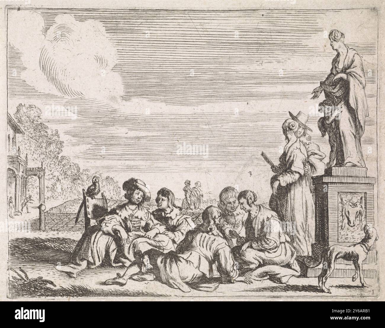Elegant company in a garden, Genre scenes (series title), An elegant company sits together on a path in a garden. On the right a statue of Venus with Amor. A dog looks up at the statue., print, print maker: Cornelis de Wael, Italy, 1630 - 1648, paper, etching, engraving, height, 116 mm × width, 149 mm Stock Photo