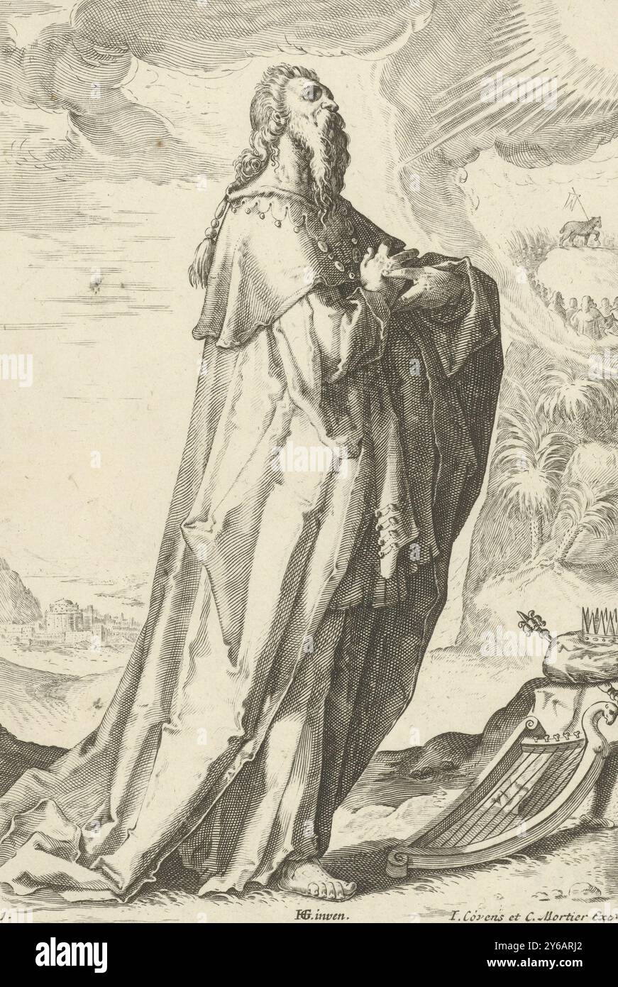 David, Prophets of the Old Testament (series title), David, with his harp, crown and scepter next to him. First print from the series of the prophets and prophetesses from the Old Testament combined., print, print maker: Jacob Matham, (attributed to), after drawing by: Hendrick Goltzius, (mentioned on object), publisher: Johannes Covens (I), (mentioned on object), Amsterdam, 1589 and, or 1720 - 1777, paper, engraving, height, 250 mm × width, 163 mm Stock Photo