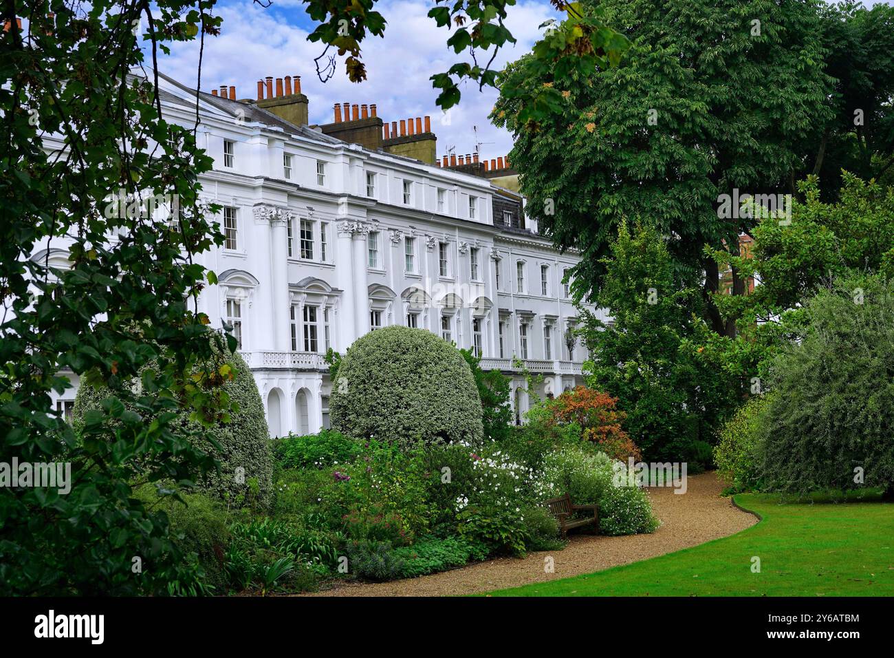 Elegant old apartments or townhouses in central London, looking onto an enclosed garden Stock Photo