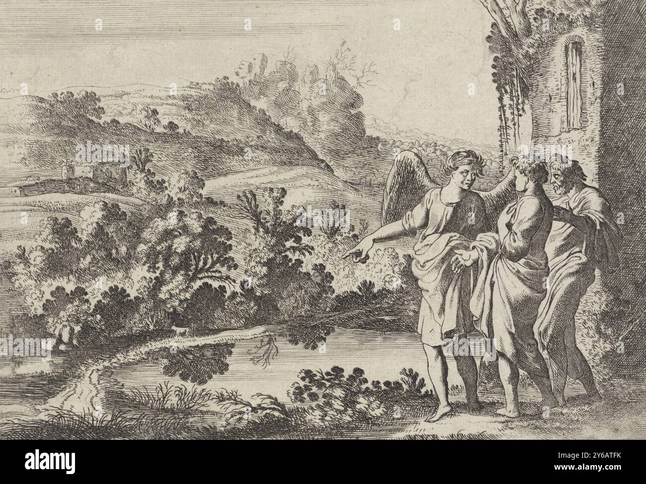 Tobias, Tobit and the angel, The story of Tobias (series title), In a hilly landscape stands Tobit who entrusts his son Tobias to the angel. Numbered as 1., print, print maker: Moyses van Wtenbrouck, (mentioned on object), publisher: Hendrick Hondius (I), (mentioned on object), The Hague, 1620 and, or 1646, paper, etching, height, 128 mm × width, 183 mm Stock Photo
