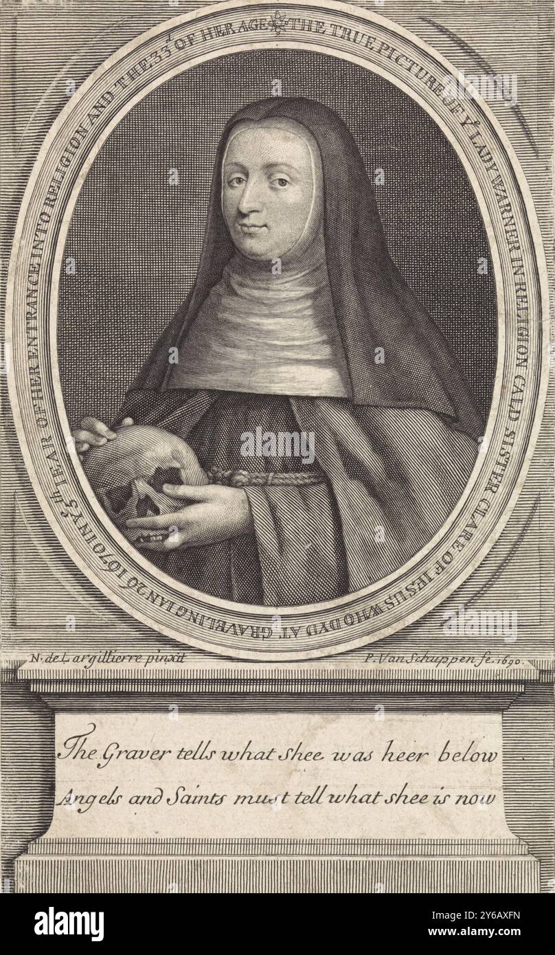 Portrait of Lady Trevor Warner as a nun, Portrait of Lady Trevor Warner as a nun. In her hands she holds a skull. The oval frame contains her name, the name under which she entered the monastery and her date of death. A poem in English on the pedestal., print, print maker: Pieter van Schuppen, (mentioned on object), after painting by: Nicolas de Largillière, (mentioned on object), Paris, Oct-1690, paper, engraving, etching, height, 162 mm × width, 101 mm Stock Photo