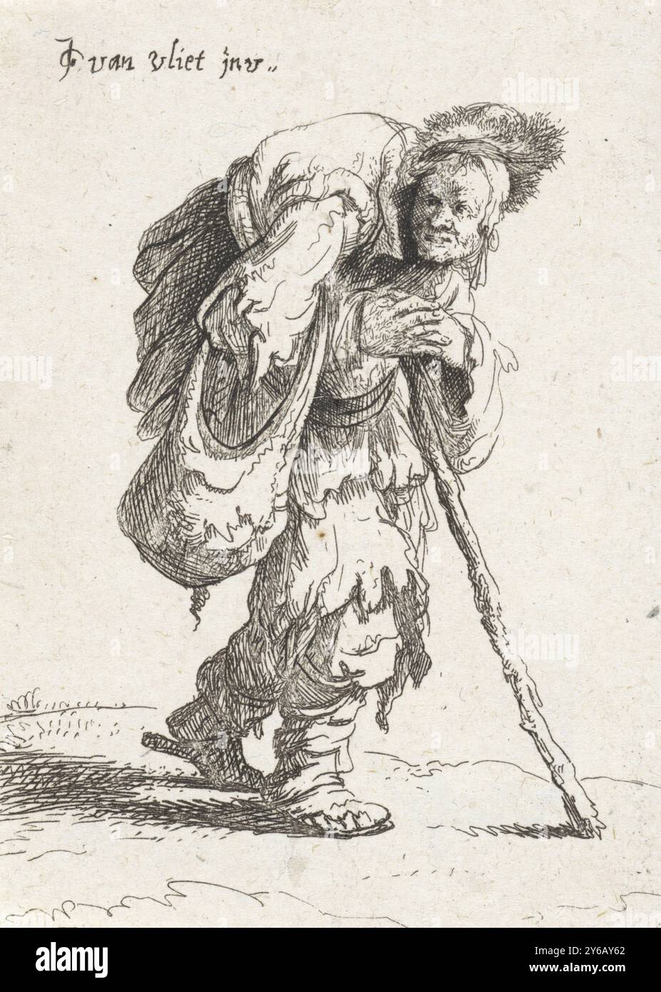 Hunchback beggar with a walking stick, Beggars (series title), By t geeve Bestaet Ons Leeve (series title), print, print maker: Jan Gillisz. van Vliet, after own design by: Jan Gillisz. van Vliet, (mentioned on object), Leiden, 1632, paper, etching, height, 93 mm × width, 67 mm Stock Photo