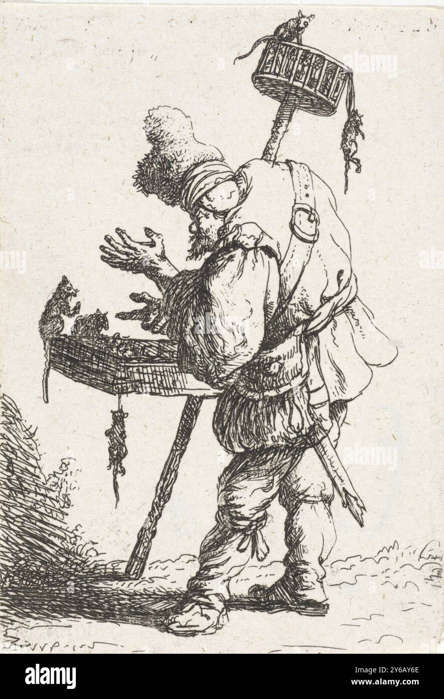 Pied Piper, Beggars (series title), By t geeve Bestaet Ons Leeve (series title), A Pied Piper, or rat poison seller, to the left., print, print maker: Jan Gillisz. van Vliet, after own design by: Jan Gillisz. van Vliet, Leiden, 1632, paper, etching, height, 93 mm × width, 64 mm Stock Photo