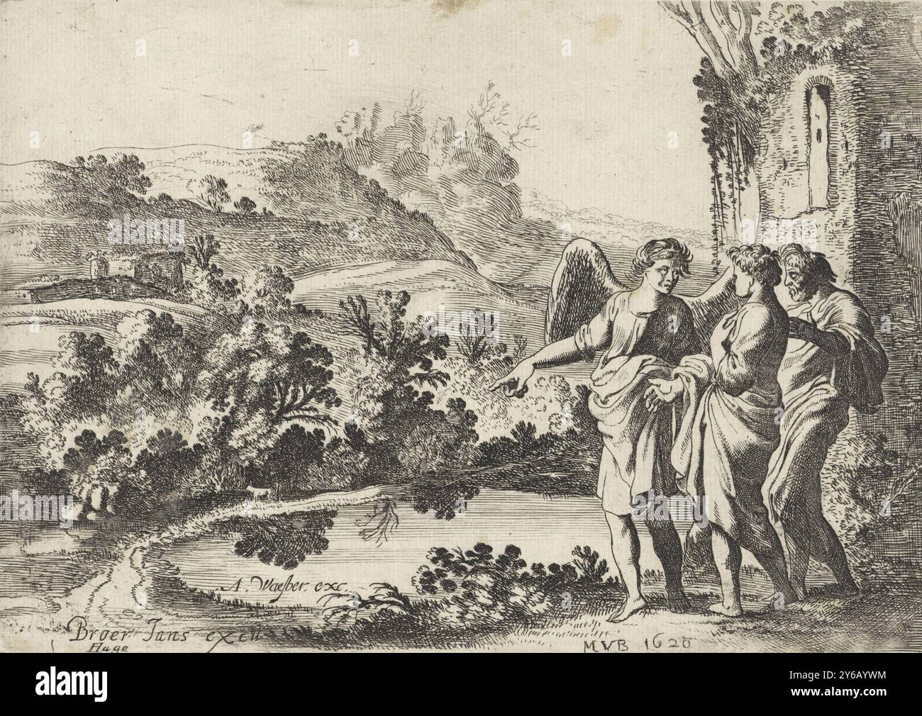 Tobias, Tobit and the angel, The story of Tobias (series title), In a hilly landscape stands Tobit who entrusts his son Tobias to the angel. Numbered as I., print, print maker: Moyses van Wtenbrouck, (mentioned on object), Broer Jansz. (Den Haag), (mentioned on object), publisher: Abraham van Waesberge (I), (mentioned on object), print maker: The Hague, The Hague, publisher: Amsterdam, (possibly), 1620 and, or 1628 - 1659, paper, etching, height, 128 mm × width, 183 mm Stock Photo