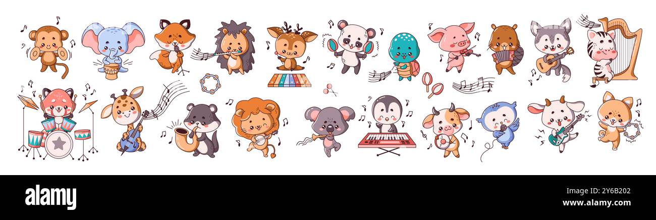 Animals playing musical instruments flat color illustrations Stock Vector