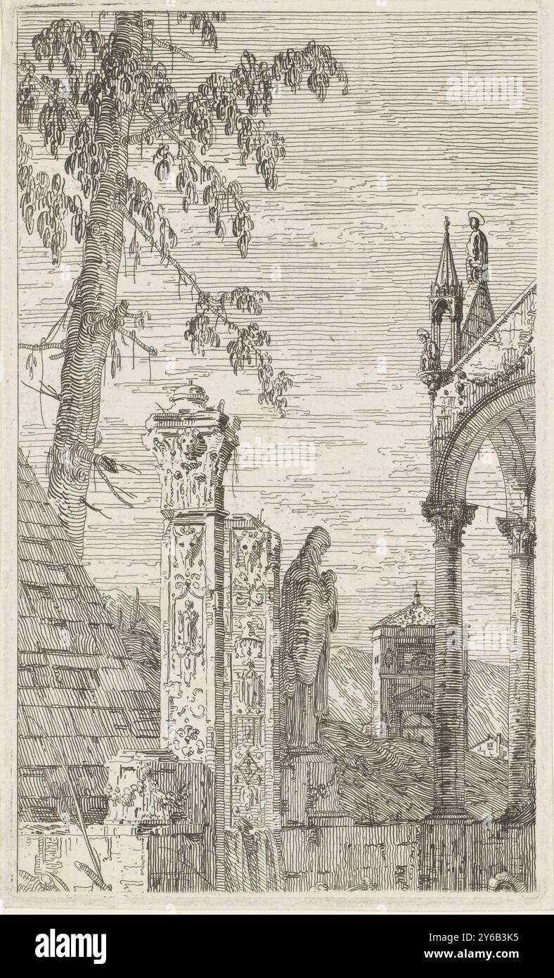 Tomb of a bishop, Views of existing and invented places (series title), Vedute altre prese da i Luoghi altre ideate da Antonio Canal (series title), A landscape with part of a bishop's tomb in the foreground., print, print maker: Canaletto, after own design by: Canaletto, Joseph Smith, Venice, 1707 - 1768, paper, etching, height, 220 mm × width, 130 mm Stock Photo