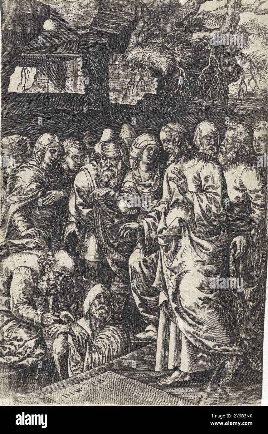 Raising of Lazarus, Christ stands among a group of people at the grave ...