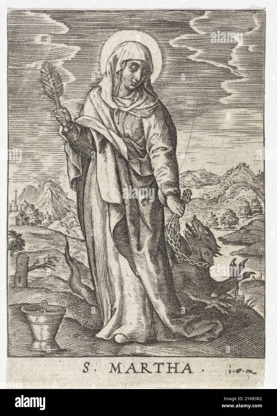 St. Martha of Bethany, S. Martha (title on object), Landscape with St. Martha of Bethany. She holds a dragon on a chain and a holy water brush in her hand. There is a bucket at her feet., print, publisher: Johannes Wierix, (mentioned on object), print maker: anonymous, Antwerp, 1559 - before 1585, paper, engraving, height, 76 mm × width, 52 mm Stock Photo