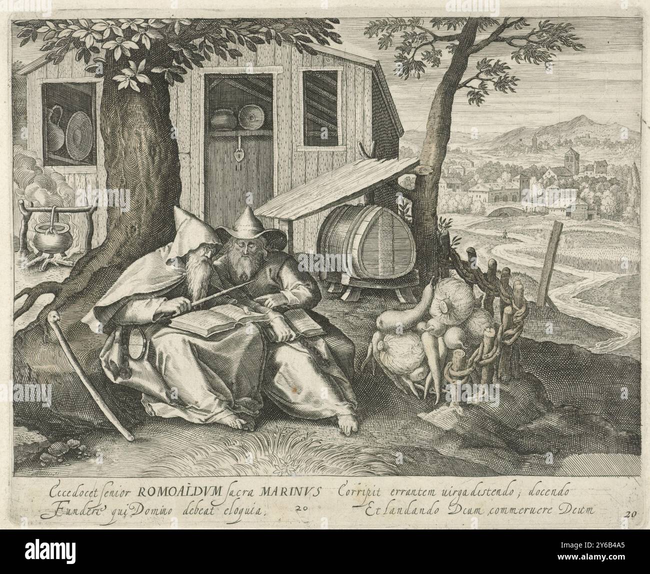 Saints Romualdus of Ravenna and Saint Marinus as a hermit, Saints and hermits (series title), Saints Romualdus of Ravenna and Marinus sit in front of a hermitage in the hills and study scriptures. A caption in Latin in the margin., print, print maker: Jan van Londerseel, after design by: Maerten de Vos, 1580 - 1625, paper, engraving, brush, height, 170 mm × width, 207 mm Stock Photo