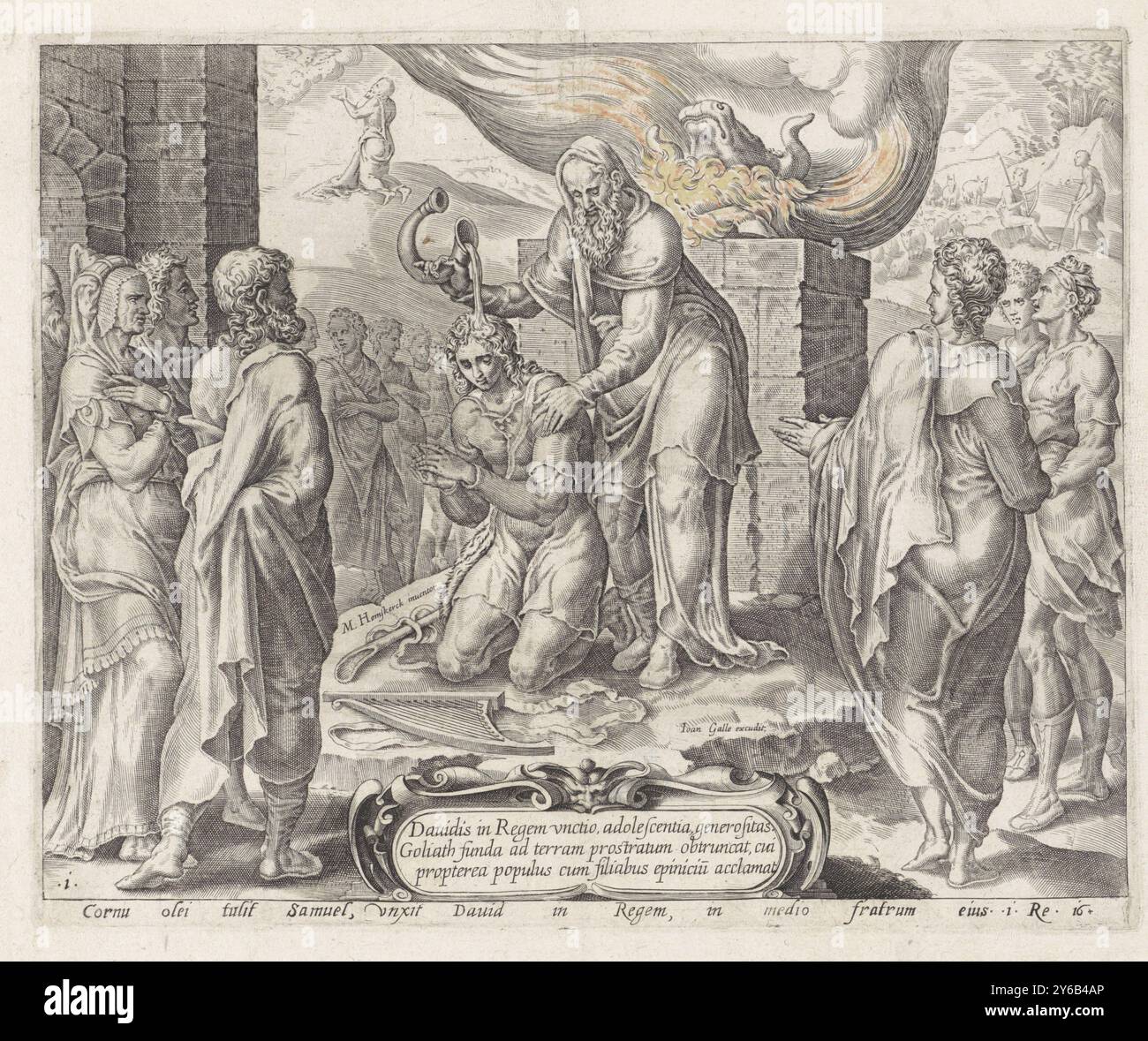 David is anointed by Samuel, Story of David and Saul (series title), David kneels before the prophet Samuel, who anoints him as king with oil from a horn. In front of David lies his harp. His father Jesse and David's brothers, among others, are watching. Behind Samuel the head of a cow is sacrificed. At the back left, Samuel asks God for advice and at the back right, David is picked up to appear before Samuel. At the bottom a cartouche with a three-line text in Latin and in the margin a one-line caption in Latin from 1 Sam. (incorrectly referred to as 1 Kings on the print)., print, print maker Stock Photo