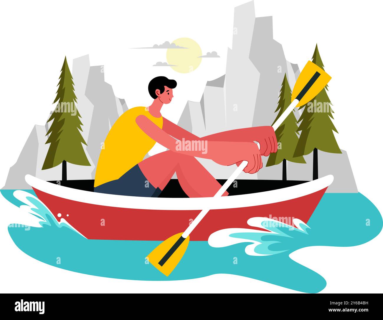 People Enjoying Rowing Vector Illustration with Canoes and Sailing on a ...