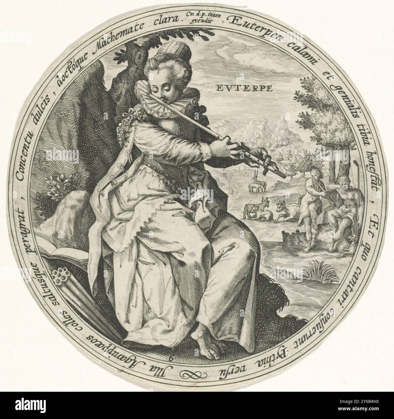 Euterpe, The Nine Muses (series title), Landscape with Euterpe, the muse of music and lyricism, playing a flute. In the background Mercury plays a shepherd's flute and lulls Argus to sleep with his music. Sixth picture from a series with muses., print, print maker: Crispijn van de Passe (I), after own design by: Crispijn van de Passe (I), (mentioned on object), publisher: Crispijn van de Passe (I), (mentioned on object), Cologne, 1589 - 1611, paper, engraving, diameter, 126 mm Stock Photo