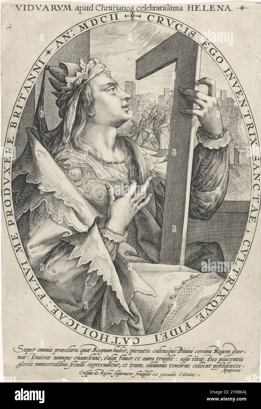 Saint Helena, Vidvarvm apud Christianos celebratissima Helena (title on object), Famous women (series title), Saint Helena with the cross in her hand. In the background the discovery by Saint Helena of the true cross of Christ. The scene is set in an oval frame with a border inscription in Latin. In the margin a three-line caption in Latin. Print from a series with famous women., print, print maker: Crispijn van de Passe (I), (mentioned on object), after own design by: Crispijn van de Passe (I), (mentioned on object), publisher: Crispijn van de Passe (I), (mentioned on object), Cologne, 1602, Stock Photo