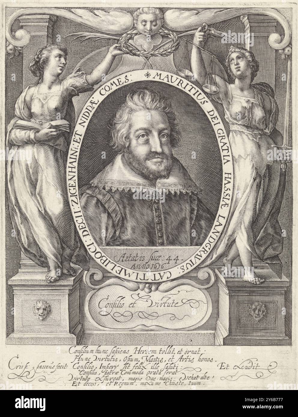 Portrait of Maurice of Hesse-Kassel, at the age of 44, Portrait of the Landgrave Maurice of Hesse-Kassel, underneath his age in Latin. In the edge writing of the frame the name and position of the person portrayed in Latin. The frame is flanked by a personification of Religion and Justice, which crowns the portrait with a laurel wreath. In a cartouche a motto in Latin. In the margin a six-line poem of praise in Latin., print, print maker: Crispijn van de Passe (I), (mentioned on object), publisher: Crispijn van de Passe (I), (mentioned on object), Utrecht, 1616, paper, engraving, height, 271 m Stock Photo