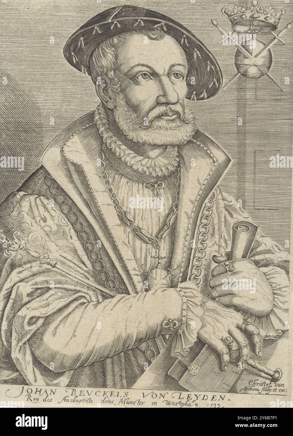 Jan van Leiden, Johan Beuckels von Leyden, roy des Anabaptiste dens Münster and Westphalen. 1533. (title on object), Portrait of Jan van Leiden, leader of the Anabaptists in Münster. He holds a scepter in his arm. In his hands he is holding a book and a rolled up piece of paper. Around his neck he wears a heavy chain with a globe pierced by two swords, the emblem of this self-proclaimed 'king of Münster'. The same emblem is depicted next to his head., print, print maker: Christoffel van Sichem (I), (mentioned on object), publisher: Christoffel van Sichem (I), (mentioned on object), Amsterdam, Stock Photo