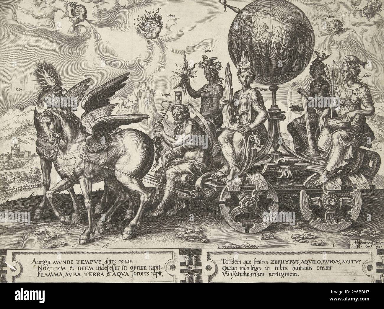 Triumphal Chariot of the World, Circulus Vicissitudinis Rerum Humanarum (series title), Triumphal Chariot with broken wheels, pulled by two winged horses. The right horse has the sun on its head and represents the day (Dies); the left horse is the night (Nox) and has a crescent moon on its head. The chariot is driven by Time as an old man with a scythe and an hourglass. On the four corners of the cart are the personifications of the four elements: Ignis, Terra, Aer and Aqua with their attributes. The globe is in the middle of a stand. The four winds blow in the clouds. Print from a series of n Stock Photo