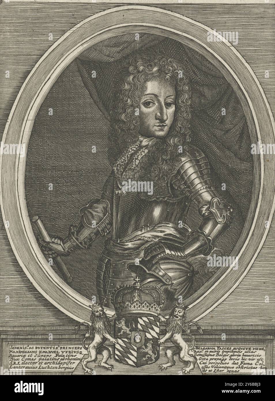 Portrait of Maximilian Emanuel II, In an oval frame the portrait of Maximilian Emanuel II, Elector of Bavaria and Governor of the Southern Netherlands, in half-length armor. Face to the right. The print has a Latin caption., print, print maker: Jan Baptist Goossens, (mentioned on object), publisher: Adriaen Possemiers, (mentioned on object), print maker: Cologne, publisher: Middelburg, 1691 - 1726, paper, engraving, height, 199 mm × width, 145 mm Stock Photo