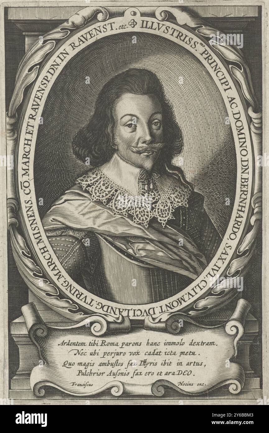 Portrait of Bernhard, Duke of Saxe-Weimar, Bust to the right of Bernhard, Duke of Saxe-Weimar in an oval, within which his name and title are in Latin. Below the portrait a cartouche with four lines in Latin., print, print maker: François van den Hoeye, print maker: Pieter de Jode, (rejected attribution), publisher: François van den Hoeye, (mentioned on object), Amsterdam, 1601 - 1636, paper, engraving, height, 192 mm × width, 127 mm Stock Photo