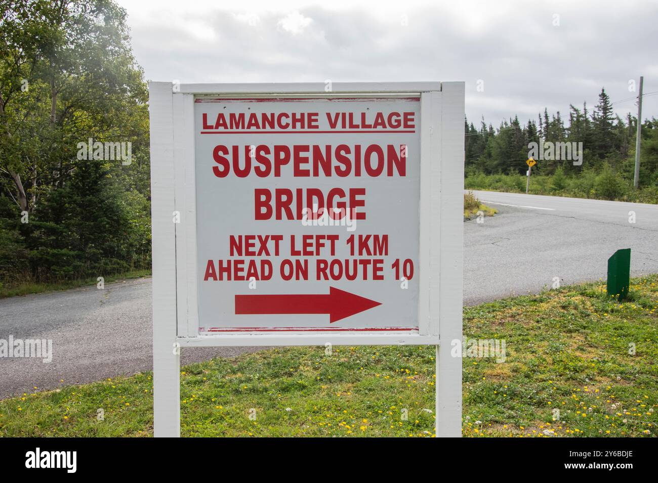 Labrador Bridge Directional sign to Lamanche Village suspension bridge on NL 10 in Bay ...