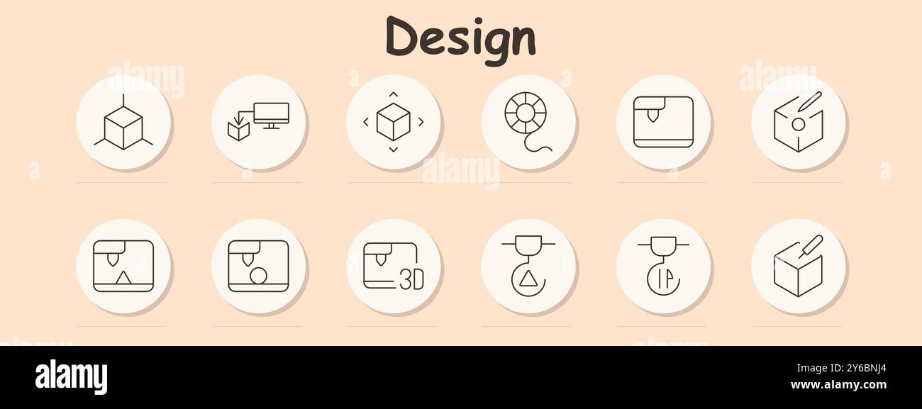 Design set icon. Computer, cube movement, filament reel, 3D printer, object creation, design cube, settings, triangle, printing error, edit cube, prec Stock Vector