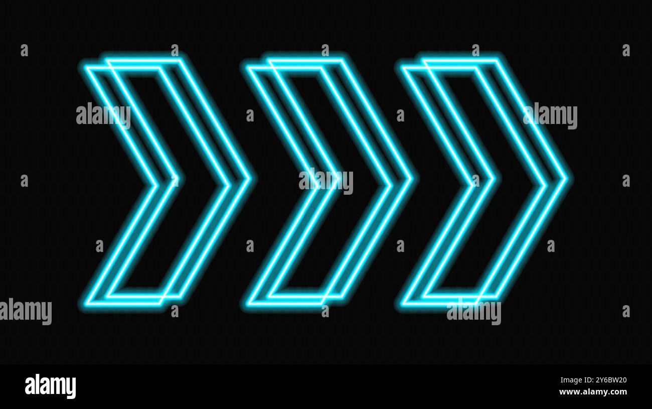 Glowing neon arrows in blue on a transparent background, pointing in ...