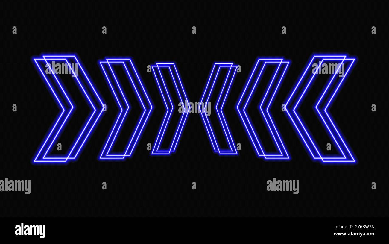 Glowing neon arrows in blue on a transparent background, pointing in ...