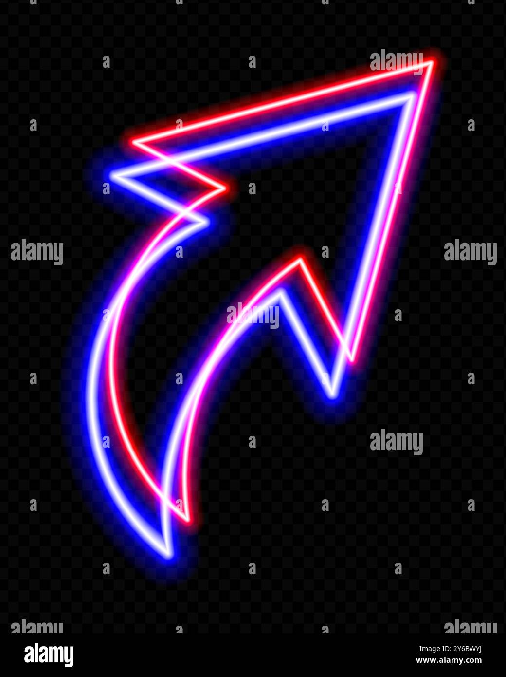 Neon red and blue curved arrow pointing upwards on a transparent ...