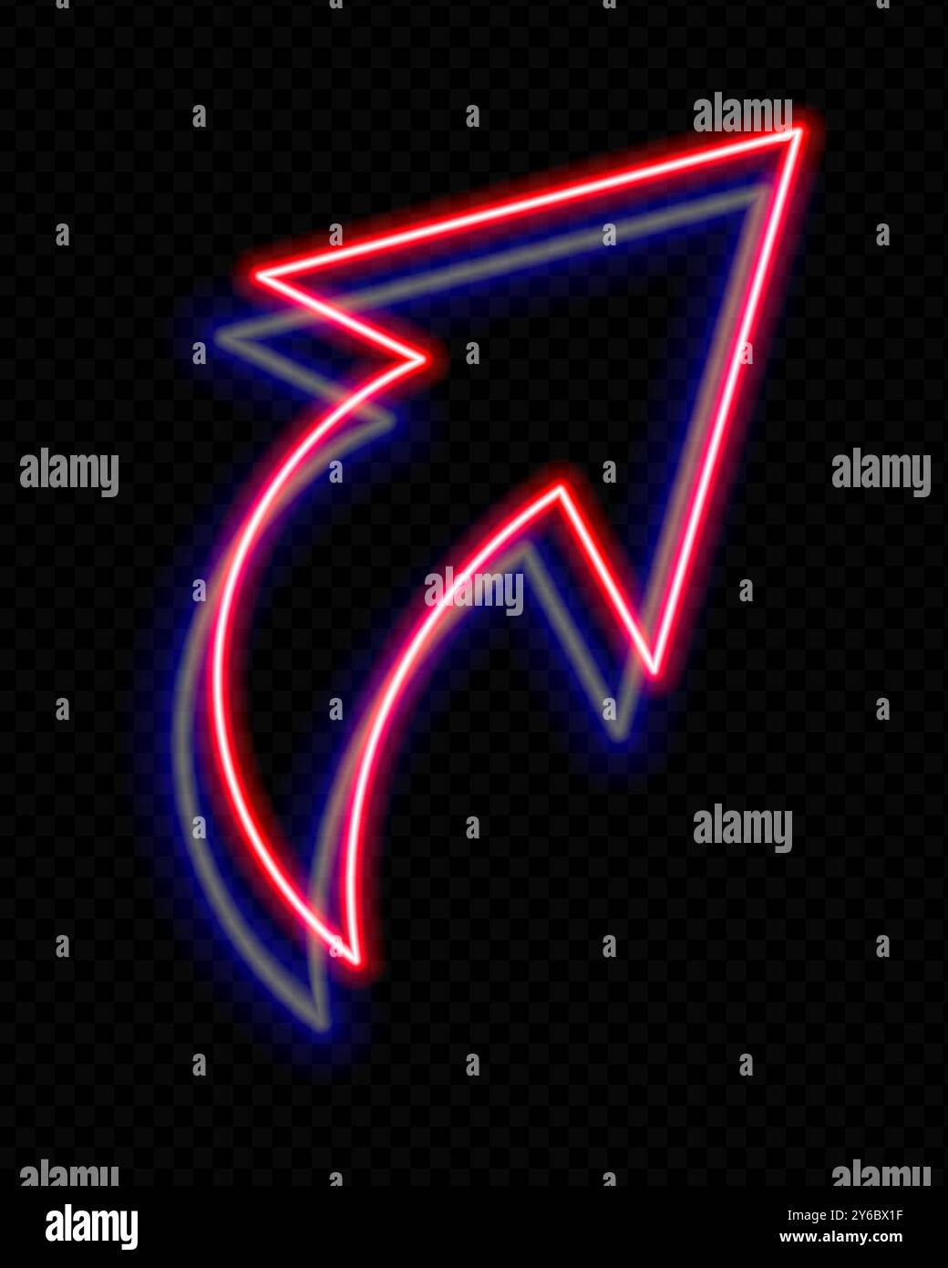 Neon red and blue curved arrow pointing upwards on a transparent ...