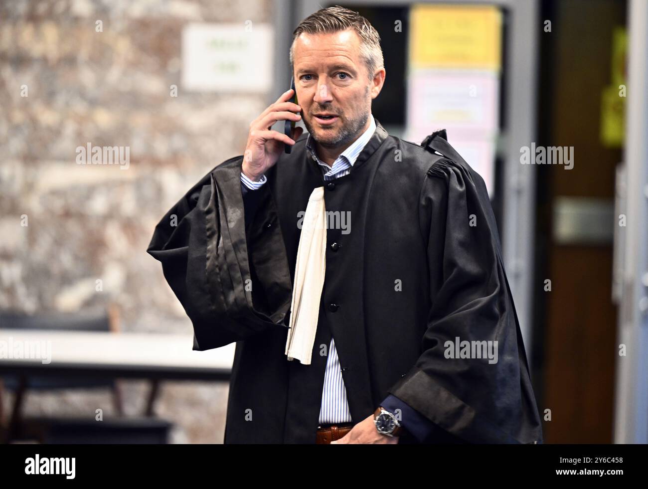 Lawyer Alexandre Wilmotte pictured during the decision of the council chamber in the Chovanec case file, in Charleroi Law Court, Wednesday 25 September 2024. The public prosecutor's office has asked for the 31 accused to be dismissed, while the civil party has asked for the case to be referred to the courts. Jozef Chovanec died on February 27, 2018 at the Marie Curie hospital in Charleroi, where he had been transferred following a heart attack on February 24. Delirious, this Slovak citizen had been brutally restrained by various police officers in a cell at Charleroi airport, where he intended Stock Photo