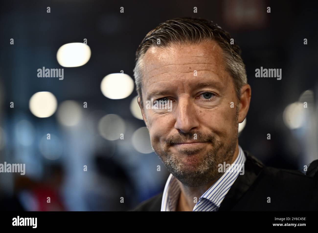 Lawyer Alexandre Wilmotte pictured during the decision of the council chamber in the Chovanec case file, in Charleroi Law Court, Wednesday 25 September 2024. The public prosecutor's office has asked for the 31 accused to be dismissed, while the civil party has asked for the case to be referred to the courts. Jozef Chovanec died on February 27, 2018 at the Marie Curie hospital in Charleroi, where he had been transferred following a heart attack on February 24. Delirious, this Slovak citizen had been brutally restrained by various police officers in a cell at Charleroi airport, where he intended Stock Photo