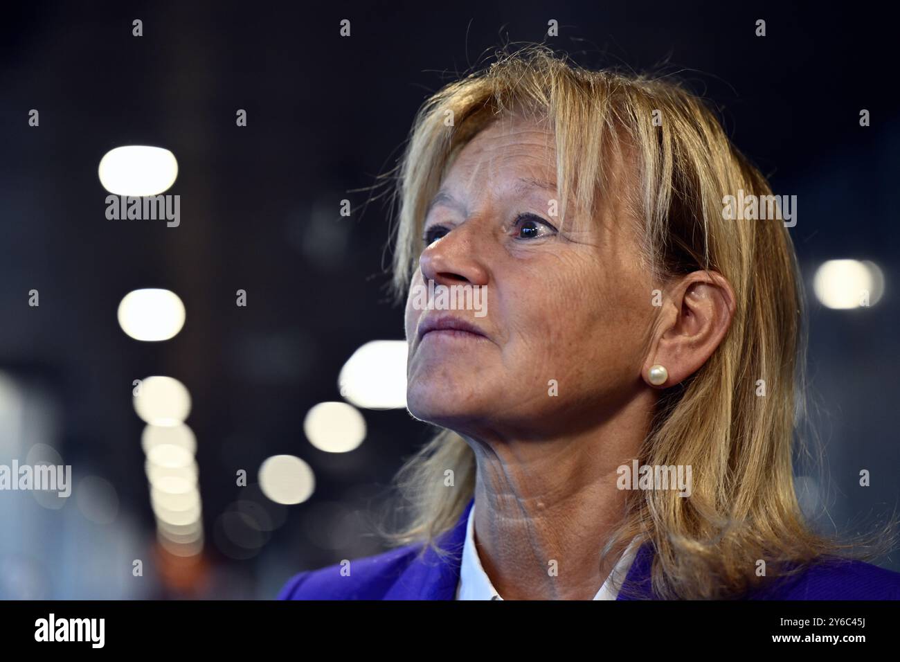 Lawyer Ann Van Den Steen pictured during the decision of the council chamber in the Chovanec case file, in Charleroi Law Court, Wednesday 25 September 2024. The public prosecutor's office has asked for the 31 accused to be dismissed, while the civil party has asked for the case to be referred to the courts. Jozef Chovanec died on February 27, 2018 at the Marie Curie hospital in Charleroi, where he had been transferred following a heart attack on February 24. Delirious, this Slovak citizen had been brutally restrained by various police officers in a cell at Charleroi airport, where he intended Stock Photo