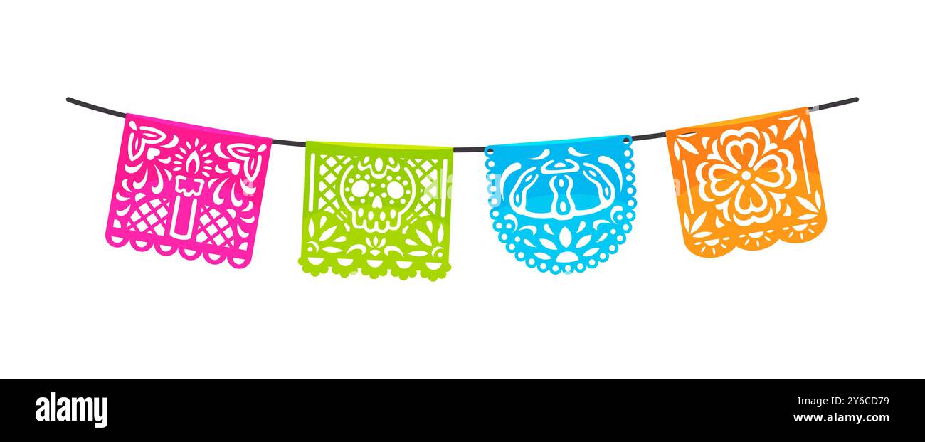 Mexican day of the dead dia de los muertos paper cut flags. Holiday, papel picado banners with traditional candle, sugar skull, pan de muerto bread and flower patterns for decorating cultural events Stock Vector