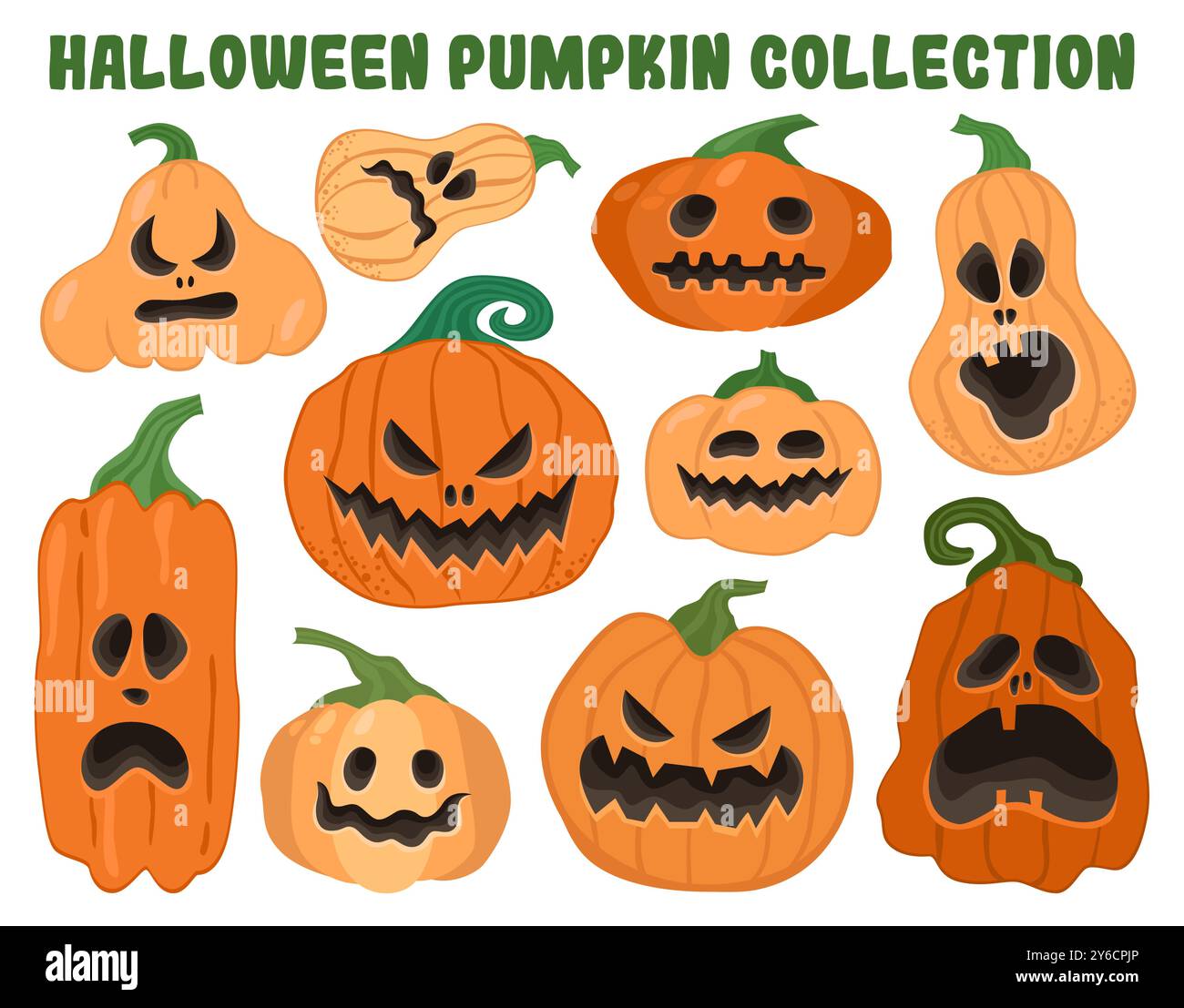 Pumpkin set. Orange pumpkins with a scary smile. Collection of ...