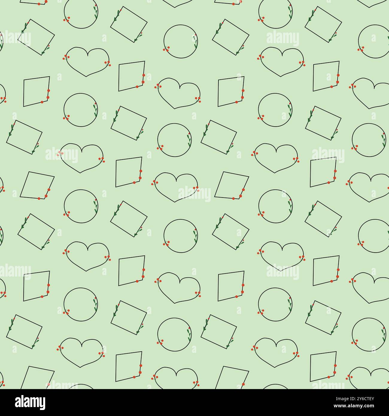 Seamless pattern features frames with leaves and berry accents, on mint background. Stock Vector