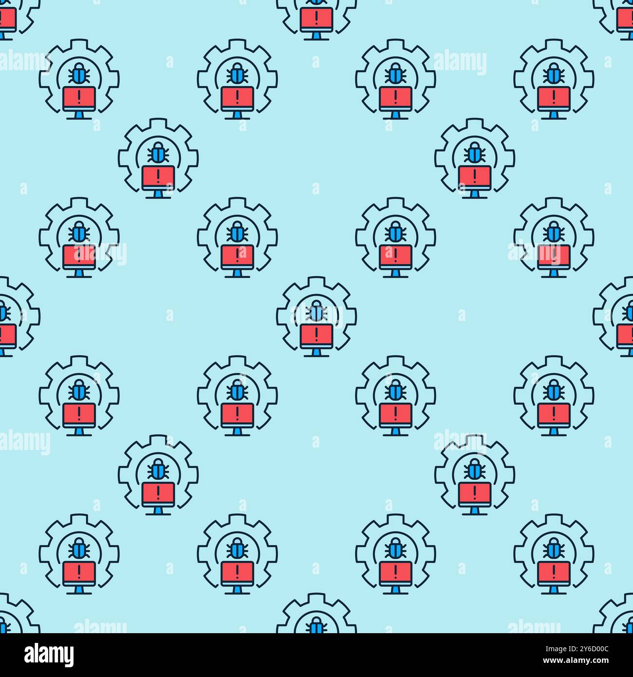 Gear with PC Bug colored seamless pattern - Computer Virus vector concept background Stock Vector