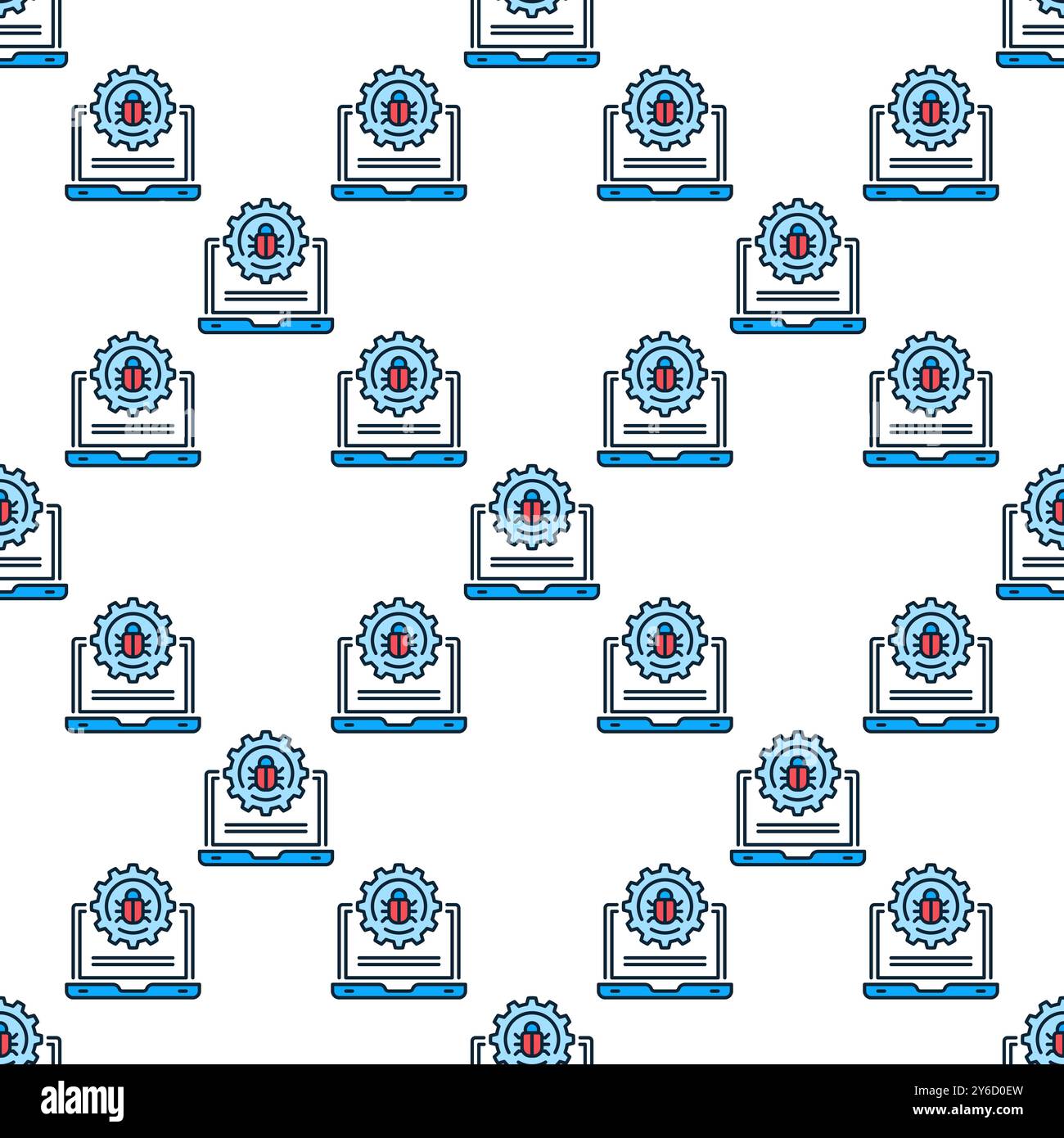 Vector Computer Virus or Bug on Laptop concept colored seamless pattern Stock Vector