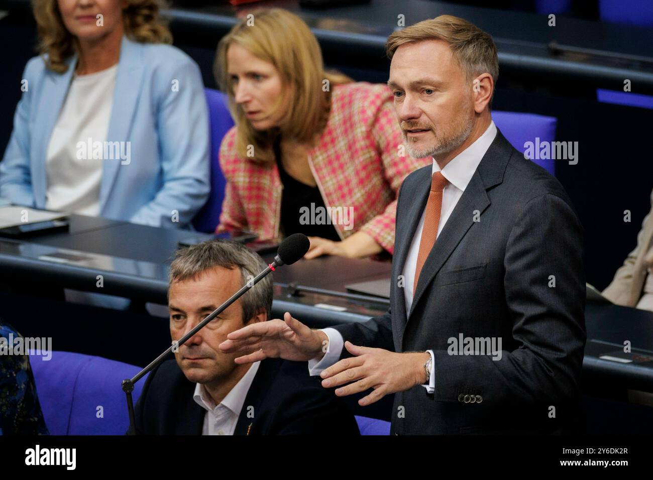 Berlin, Deutschland. 25th Sep, 2024. Christian Lindner (FDP), Federal Minister of Finance, photographed during his opening statement in the German Bundestag in Berlin, September 25, 2024. Credit: dpa/Alamy Live News Stock Photo