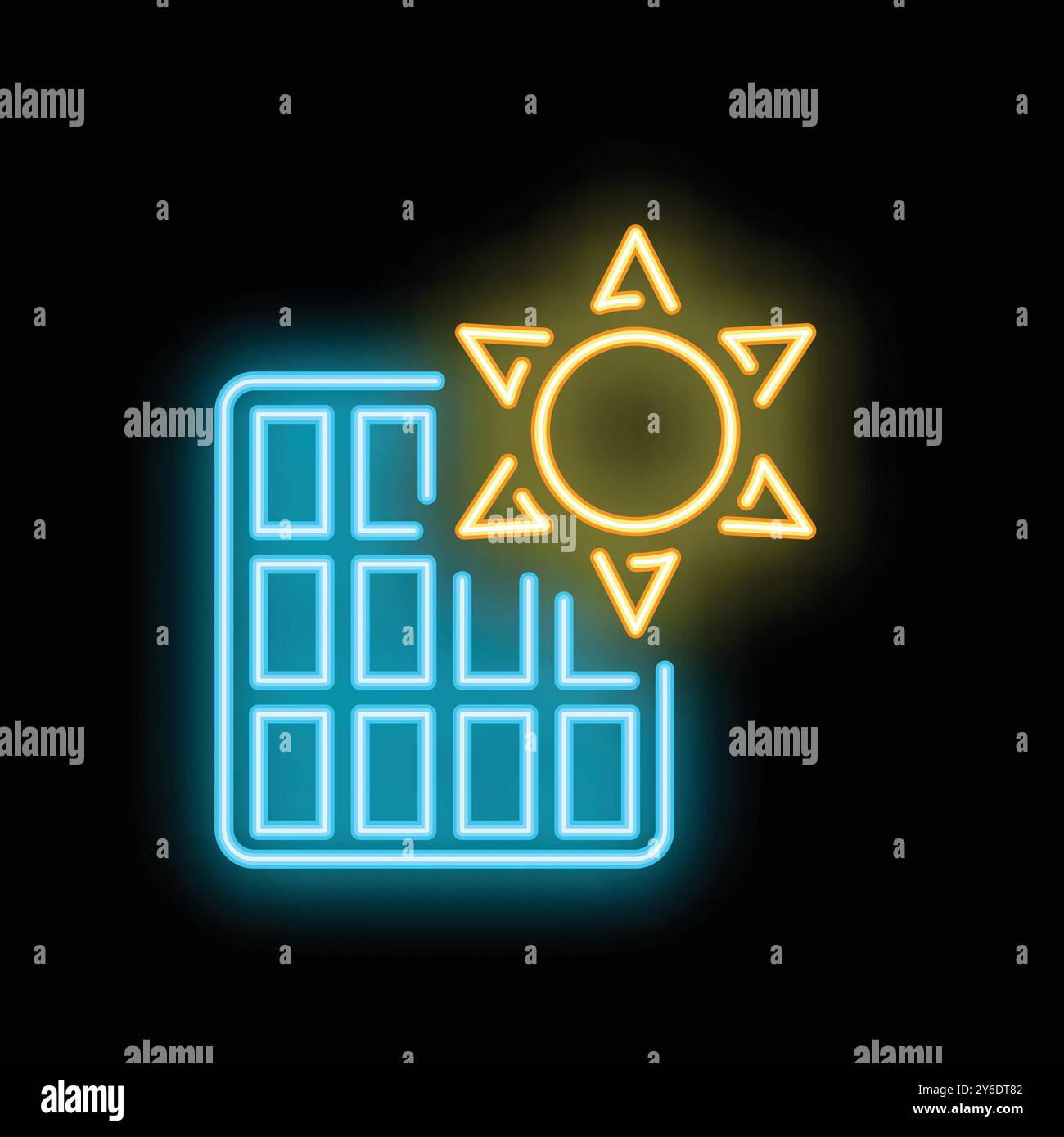Bright neon solar panel with sun shining behind it on black background, concept of renewable energy Stock Vector