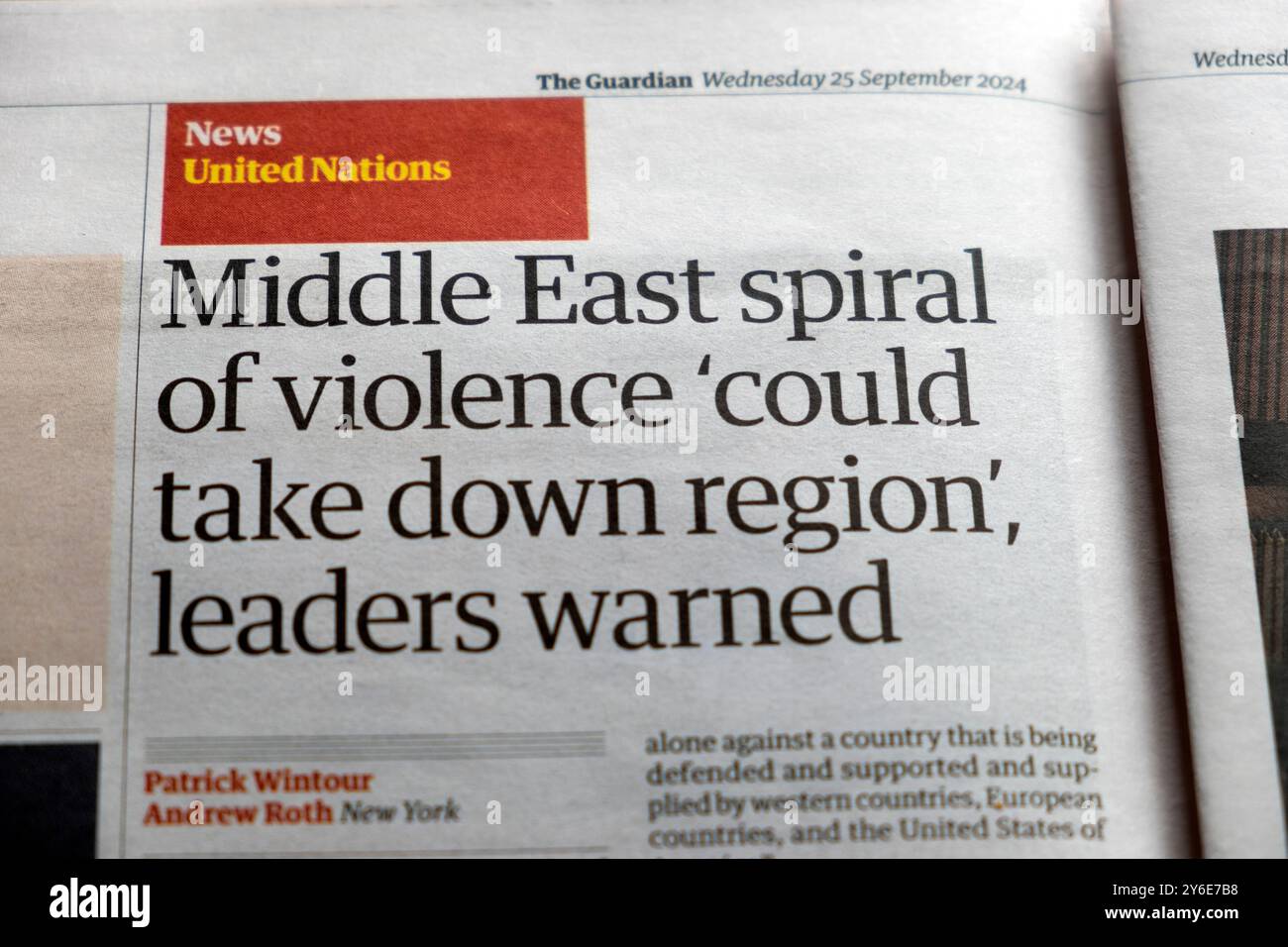 'Middle East spiral of violence 'could take down region', leaders warned' Guardian newspaper headline Israeli Lebanon war article 25 September 2024 UK Stock Photo