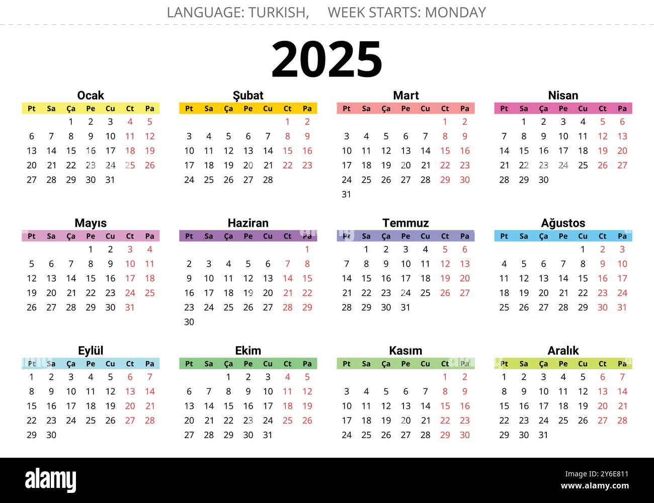2025 year turkish calendar. Printable vector illustration for Turkey in multi colors Stock