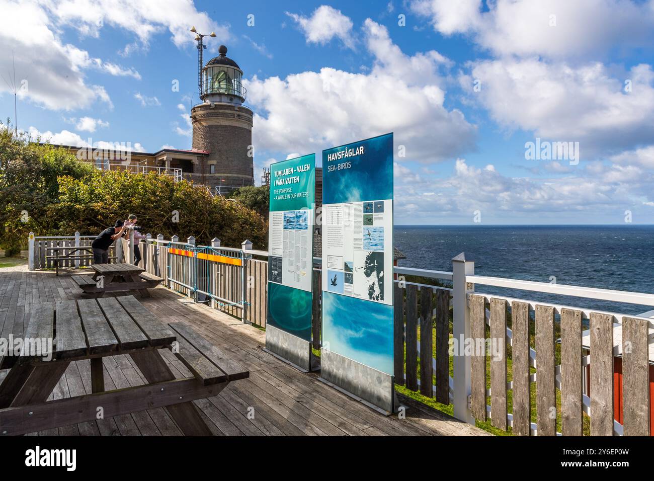 Terrace at Naturum Kullaberg, museum and café, from here you can also watch whales. At the tip of the Kullaberg peninsula stands the Kullens fyr lighthouse. Italienska vägen, Höganäs kommun, Skåne, Skåne, Sweden Stock Photo