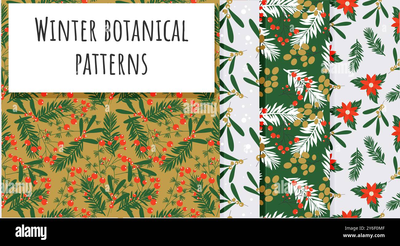Seamless winter plants pattern set. Handdrawn vector design. Stock Vector