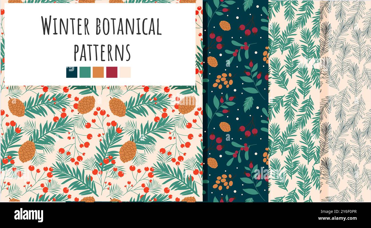 Seamless winter plants pattern set. Handdrawn elegant vector design. Stock Vector