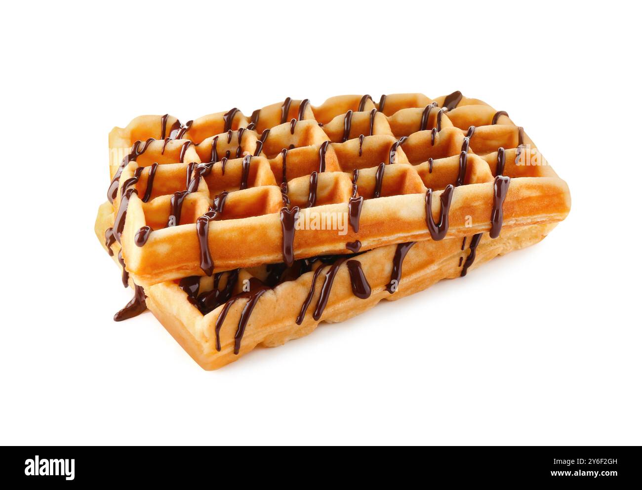 Delicious Belgian waffles with melted chocolate isolated on white Stock ...